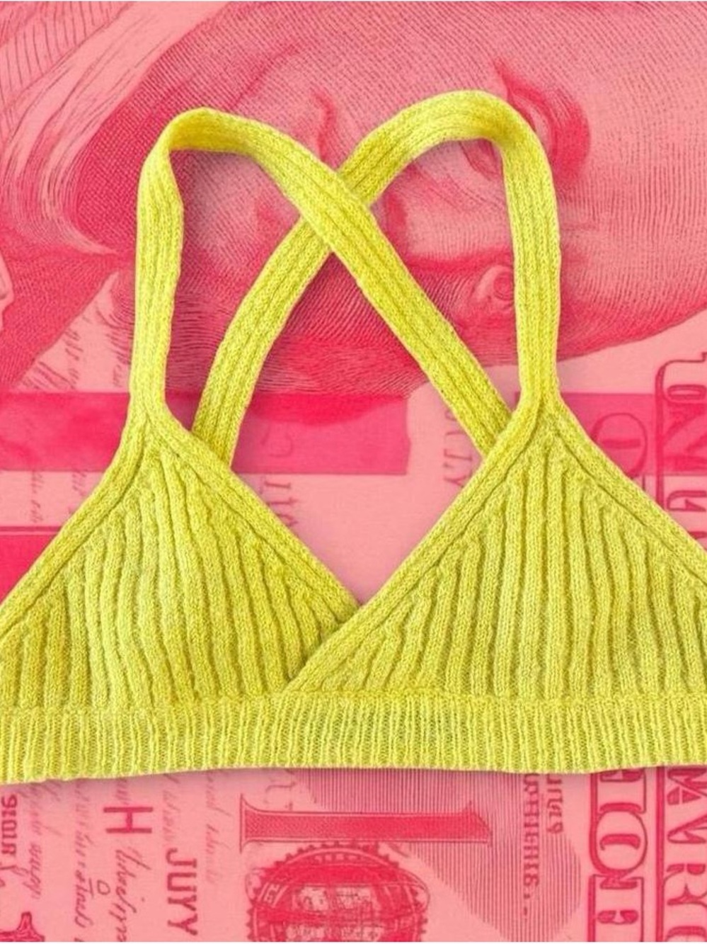 finesse studios y2k yellow ribbed wool knit triangle bralette crop top size xs/s